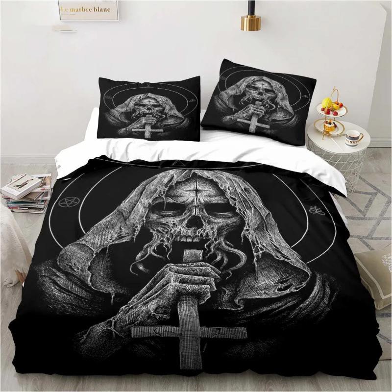 3D Anime Bedding Set Evil-Satan Demon Skull Printed Duvet Cover Set With Pillowcase Bedspread Boy Teens Adult Queen King Size