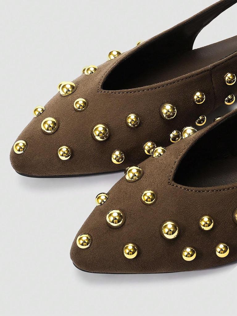 Brown Pointed Toe Mary Jane Backless Slip-on Sandals, Gold Metal Ball Decor, Adjustable Back Strap