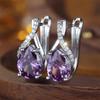 Purple Zircon Big Water Drop Stone Hoop Earrings For Women Vintage Silver Color Ear Buckle Wedding Jewelry Valentine's Day Gifts