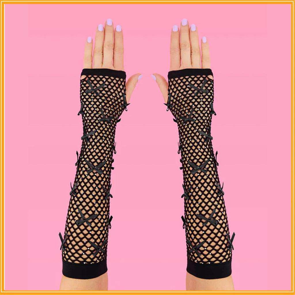 Vintage Mesh Fingerless Gloves with Rhinestones and Bowtie for Women Various Parties and Music Festival Handwear