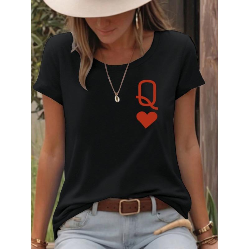 Casual T-shirt with Heart LettersSummer Round-neck Short-sleeved Top