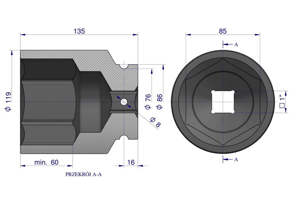 Impact Socket, Hexagonal 1" Very Long 85mm CrMo D.135mm, Waryński