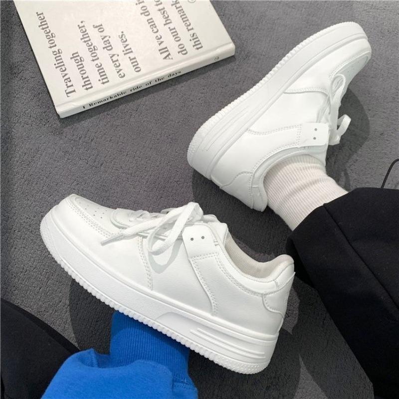 Platform white shoes spring and summer new student lace-up sports shoes round head pure white board shoes