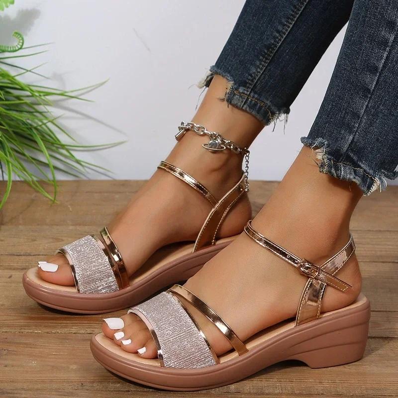 2024 Wedges Sandals for Women 4.5cm Heels Golden Platform Women's Sandals Summer Shoes Chaussures Femme Sandales Size 43 Slides
