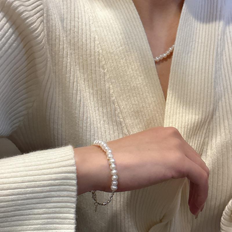 S925 Sterling Silver Fashion Pearl Broken Silver Necklace Korean Style Simple Fashion Collarbone Chain