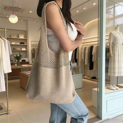 Large Capacity Knitted Tote Bag Korean INS Fashion Solid Color Hollow Out Shoulder Handbag for Women