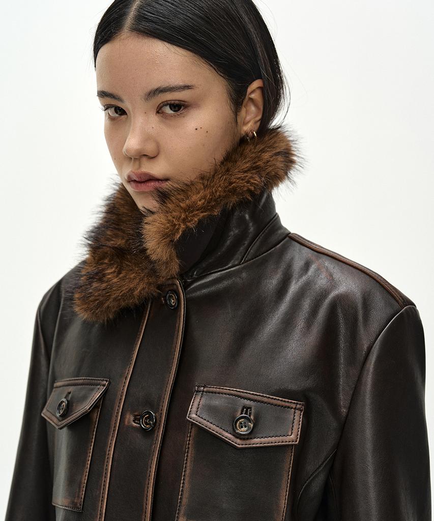 ADSB ANDERSSON BELL Fur Collar Field Leather Jacket (Brown)