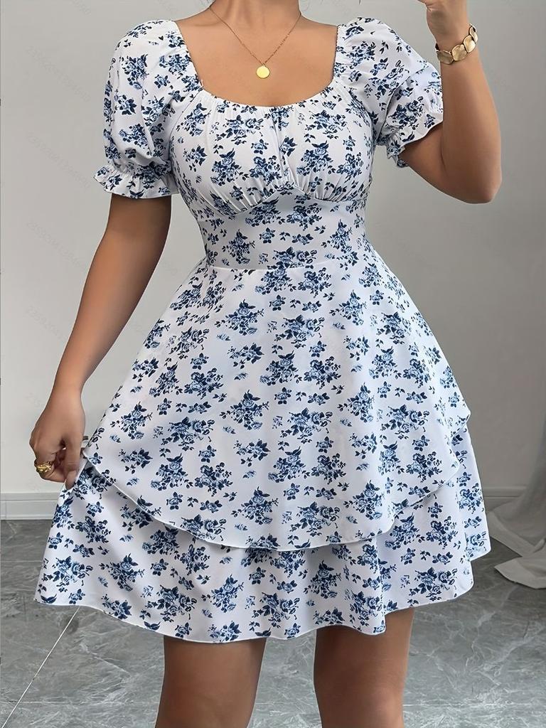 Blaues Blumenkleid Damenbekleidung Großhandel sheintemu Blume Ballonärmel Spitze Großhandel