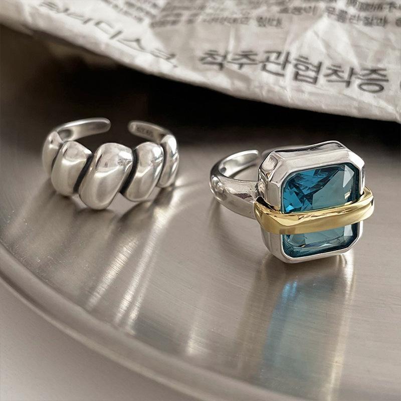 Vintage Square Blue Zircon Open Rings for Women Men New Fashion Simple Adjustable Finger Rings Party Jewelry Gifts