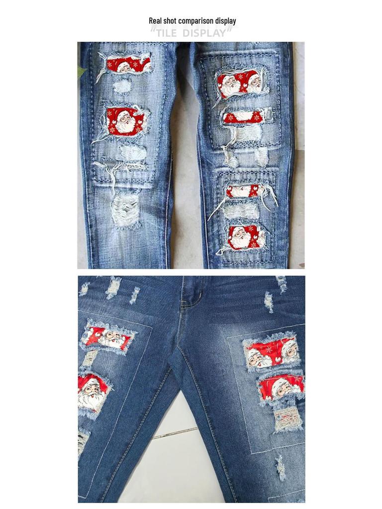 Women's Ripped Straight Leg Jeans with Santa Claus Patches - 2025 New Style