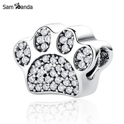925 Sterling Silver Bead Charm Cute Paw Prints Micro Pave CZ Crystal Beads Bracelets Women DIY Jewelry