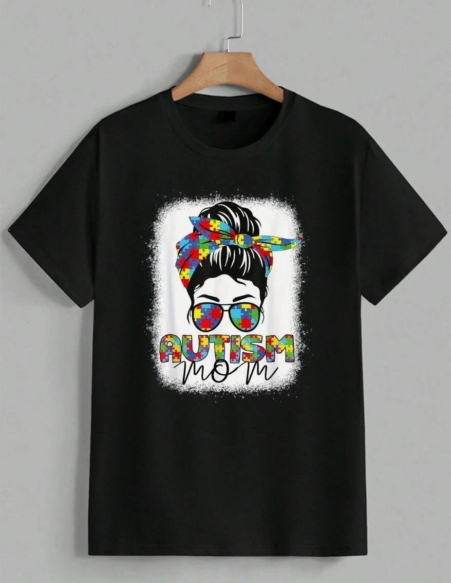 Autism Mom Messy Bun Sunglasses Puzzle Graphic T-Shirt Awareness Mother Unisex XS