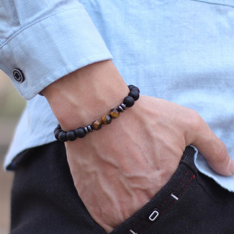 Fashion Mens Bracelet Black GlassBbeads Braclet Irregular Natural Tiger Eyes Sodalite Beaded Braslet Pulsera Hombre Accessories