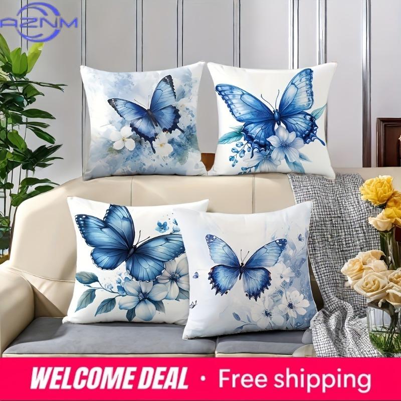 Blue Dancing Butterfly Print Home Decor Pillowcase Bedroom Living Room Sofa Decoration Polyester Cushion Cover with Zipper