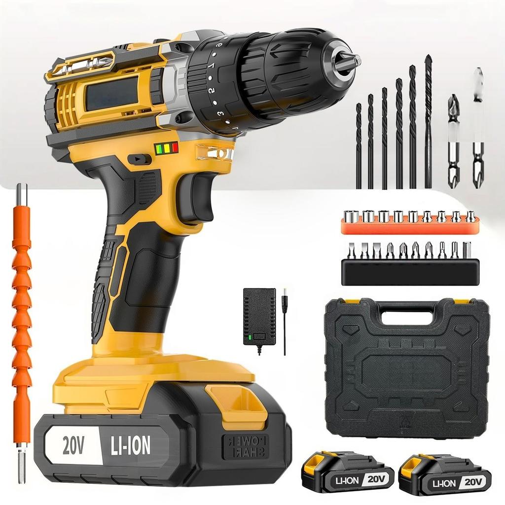 20V Cordless Drill Set, Cordless Rechargeable Drill Tool Kit, Equipped with 2 Batteries, Suitable for Construction,