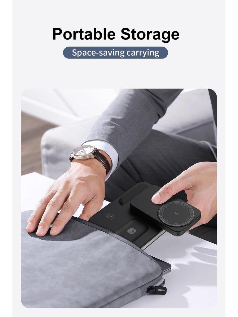 15W Foldable Magnetic Stand: 3-in-1 Wireless Charger for Phone, Watch & Earbuds