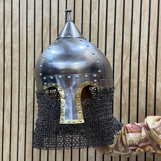 Handmade 16 Gauge Steel Medieval Helmet with Riveted Chainmail – Silver Polish & Decorative Golden, LARP Cosplay Gift