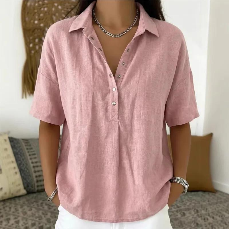 Fashion Casual Loose Shirts Tops Summer Women's Lapel Short-Sleeve Solid Shirt Elegant V Neck Office Holiday Party Shirts