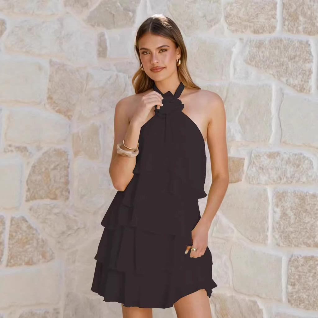 Dames Halter Nek Mouwloos Mini Jurkje Losse Pasvorm Elastische Taille Casual Geplooide Chiffon Jurk
