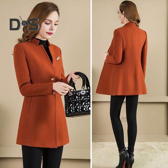 Women Winter Coat Formal Business Style Stand Collar Single-breasted Mid Length Slim Fit OL Commuting Jacket Solid Color Thick Outerwear
