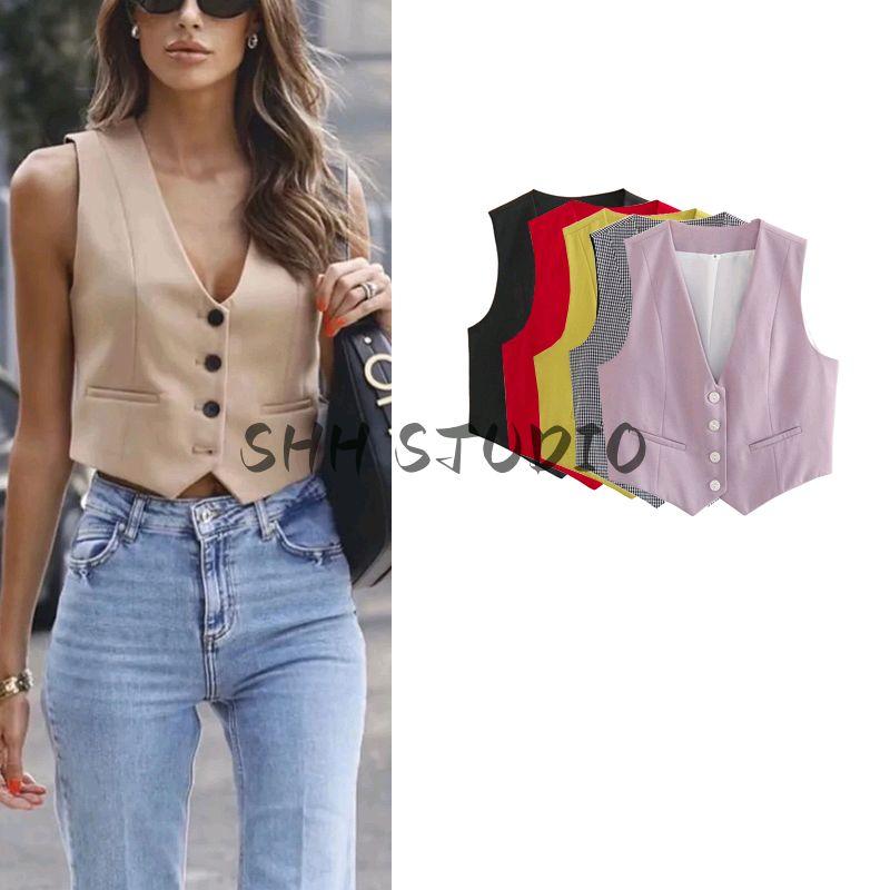 Spring and Summer New Women's Clothing Minimalist Style V Neck Sleeveless Decorated Row Button Short Candy Color Vest Jacket 2347888