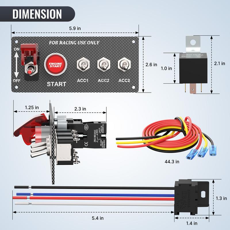 5 in 1 Ignition Switch Panel Boat Toggle Switch Panel DC 12V 30A Racing Switch Panel Push Start Ignition Kit for Race Car Truck