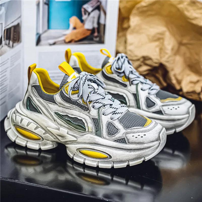 Chunky Sneaker Men Designer Distressed Sport Shoe Fashion Casual Leather Mesh Breathable Height Increased Platform Running Shoes