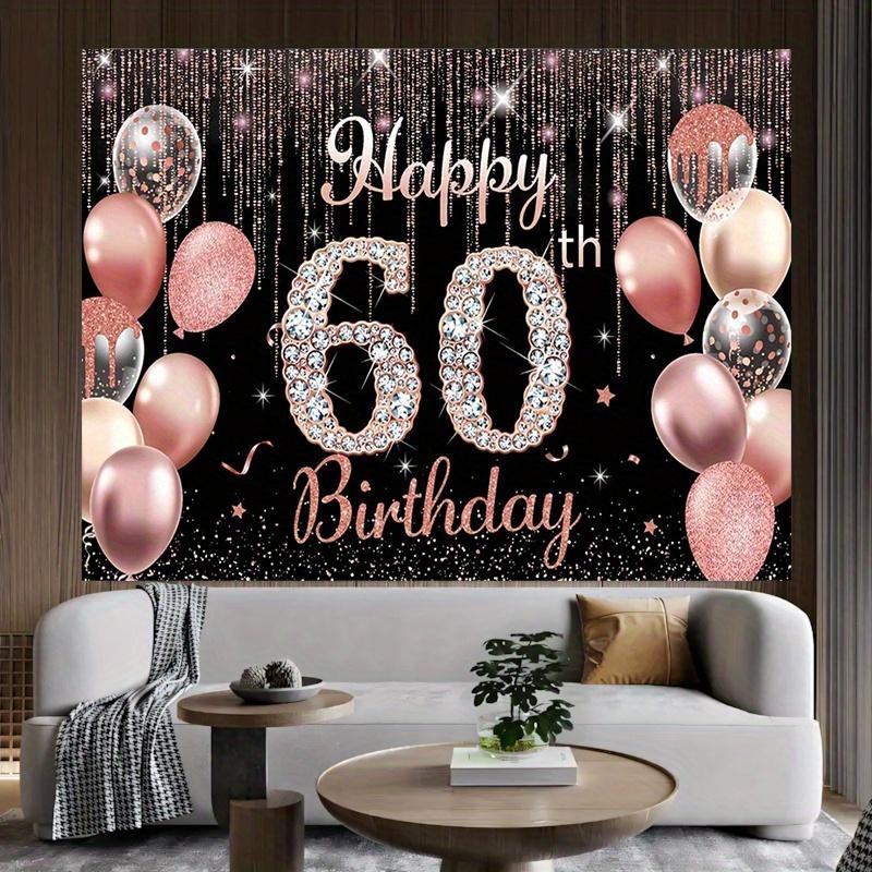 A "Happy 60th Birthday" background banner - with a shiny rose gold pink balloon design on a black base
