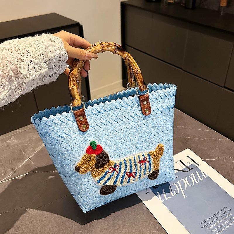 New Woven Niche Design Vegetable Basket Bag Retro Striped Dachshund Multi-color Commuting Large-capacity Handbag Bag