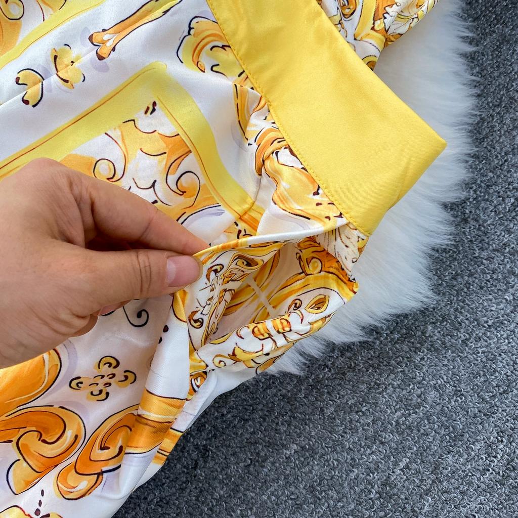 Spring Autumn Vintage Designer Print Runway Trouser 2 Piece Set Women Turn-down Collar Shirt And Elastic Waist Pocket Pant Suit