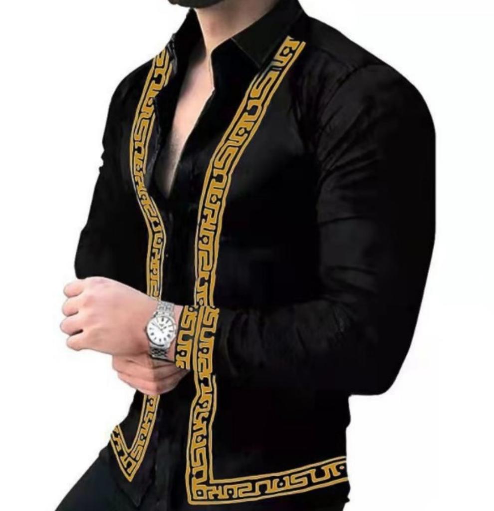Trendy geometric print long-sleeve shirt, stylish and versatile for daily wear.