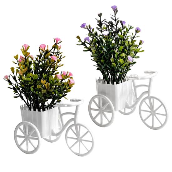 Fake Gypsophila Plant, Rustic Style Pink/Purple Flower Three-Wheel Cart Figurine, Simulated Small Flowers Desktop Home Decor Display Ornament