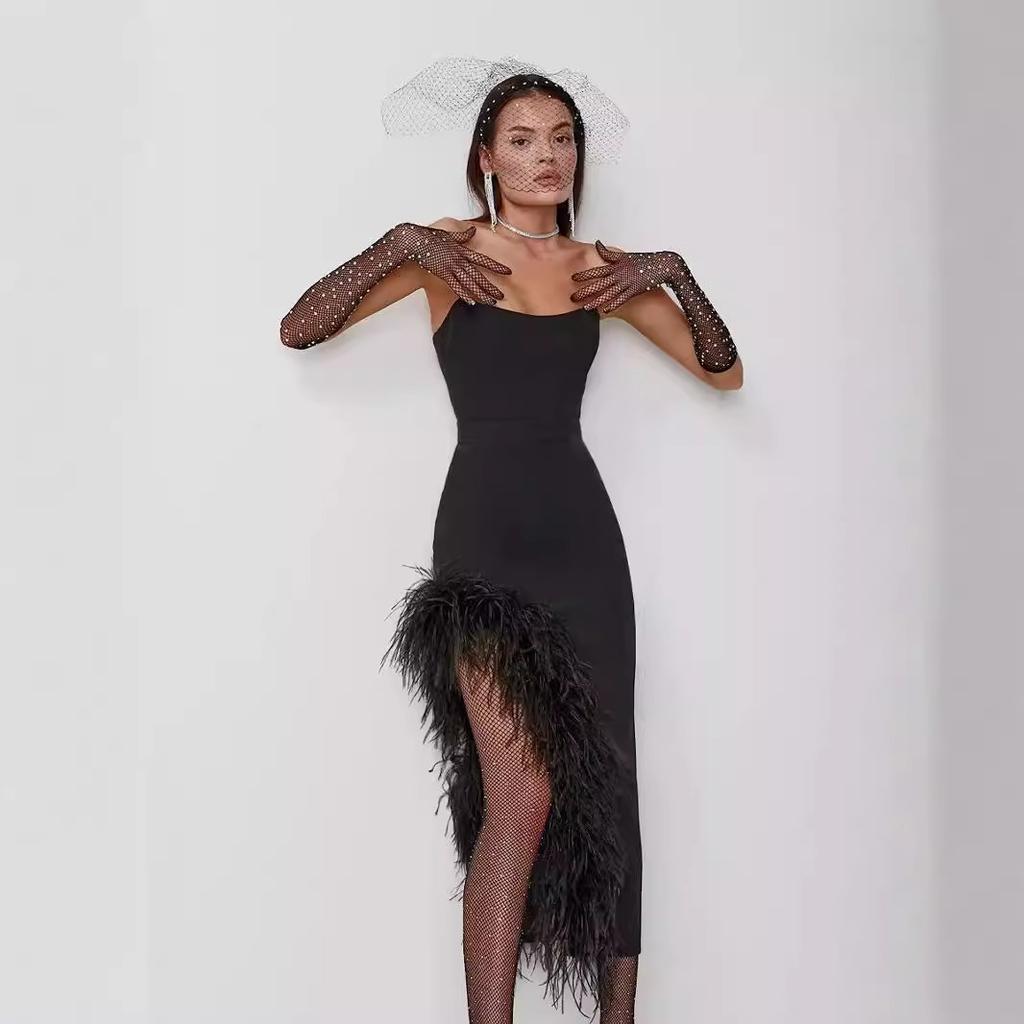 High-end European and American dress tube top high waist slit ostrich hair bandage skirt female