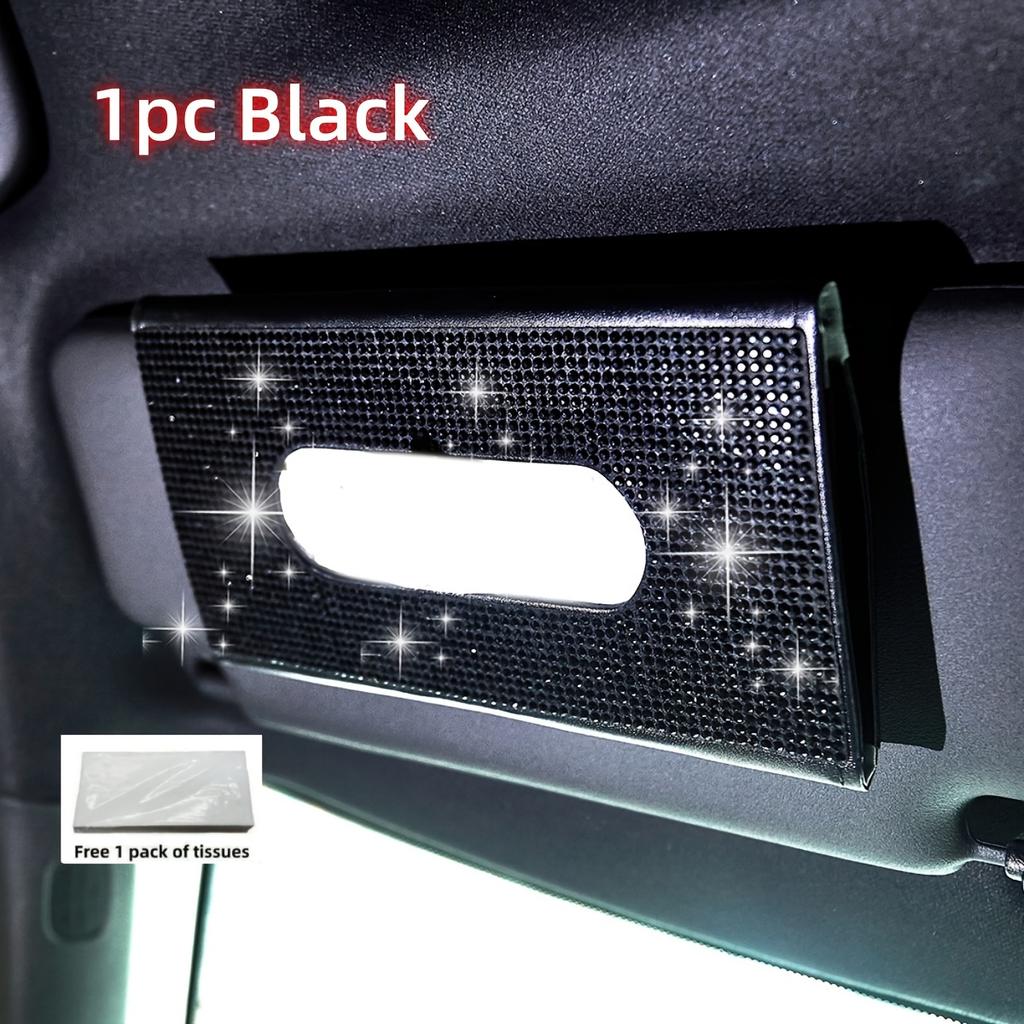 1pc Car Tissue Box, Car Sun Visor Tissue Storage Box, Glitter Rhinestone Tissue Bag, PU Leather Artificial Crystal Tissue Box