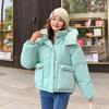 Women's Hooded Short Puffer Jacket Flap Pockets Drawstring Hem Zip Up Solid Color Loose Fit Winter Coat