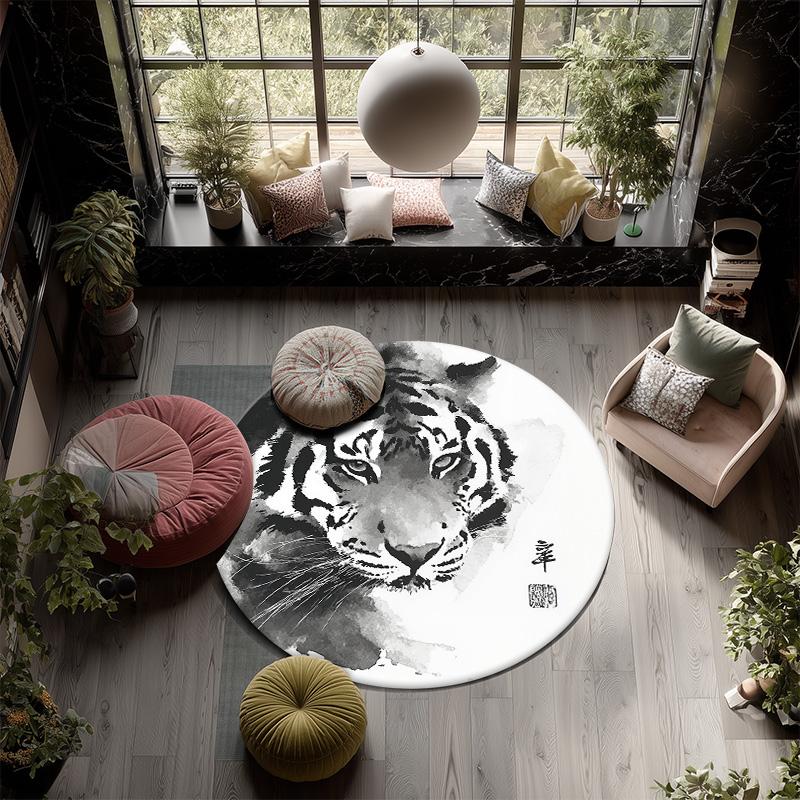 Black and White Ink Tiger Round Area Rug,Carpet Rug for Living Room Bedroom Sofa Playroom Decor,Non-slip Floor Mat