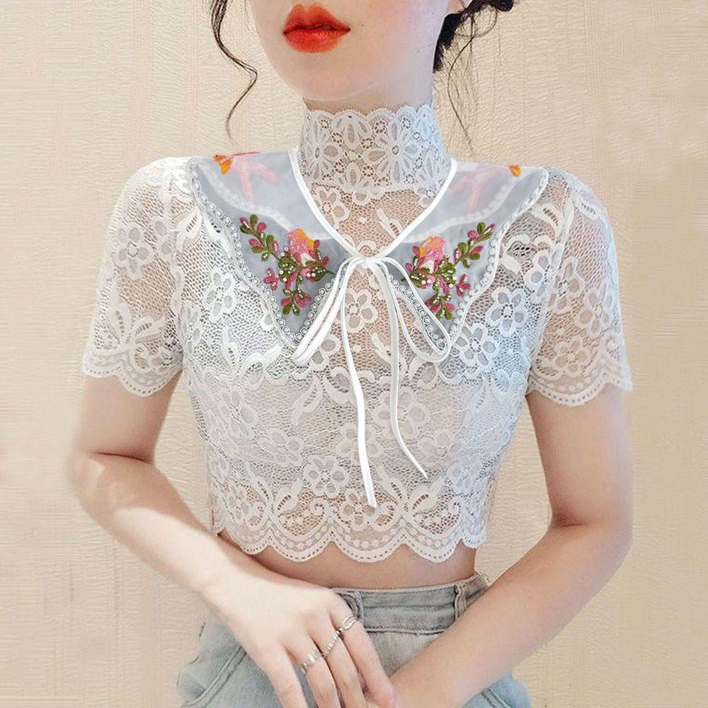Cute Colorful Embroidery Fake Collar Hollow Detachable Scarf Shawl Organza False Collar For Girls Shirt Skirts Sweater All Match
