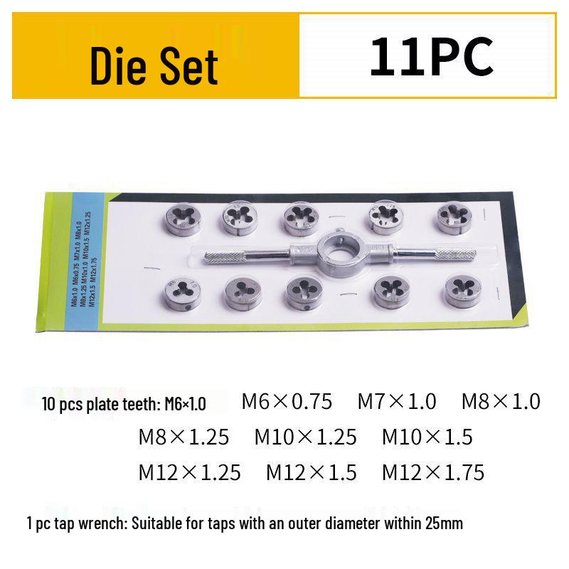 High-Speed Steel Taps & Dies Set: 5, 6, 7, 9-Piece with Tap Wrench and Threading Drill Bits.