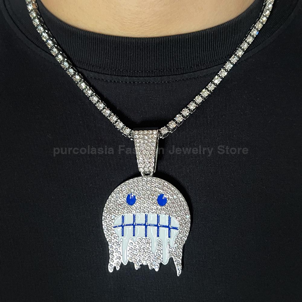 Hip Hop Necklace Exaggerated Frozen Expression Face Pendant With 12mm Cuban Chain Iced Out Jewelry For Man Woman