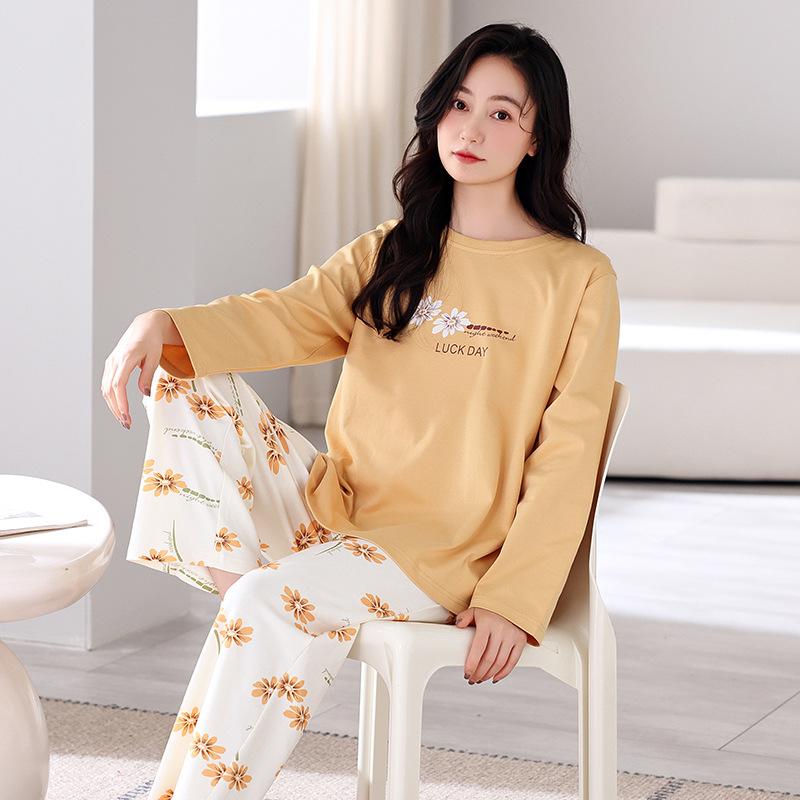 Pajamas Women'S Pure Cotton Long-Sleeved Cotton Round Neck Can Be Worn Outside Casual Loungewear Set