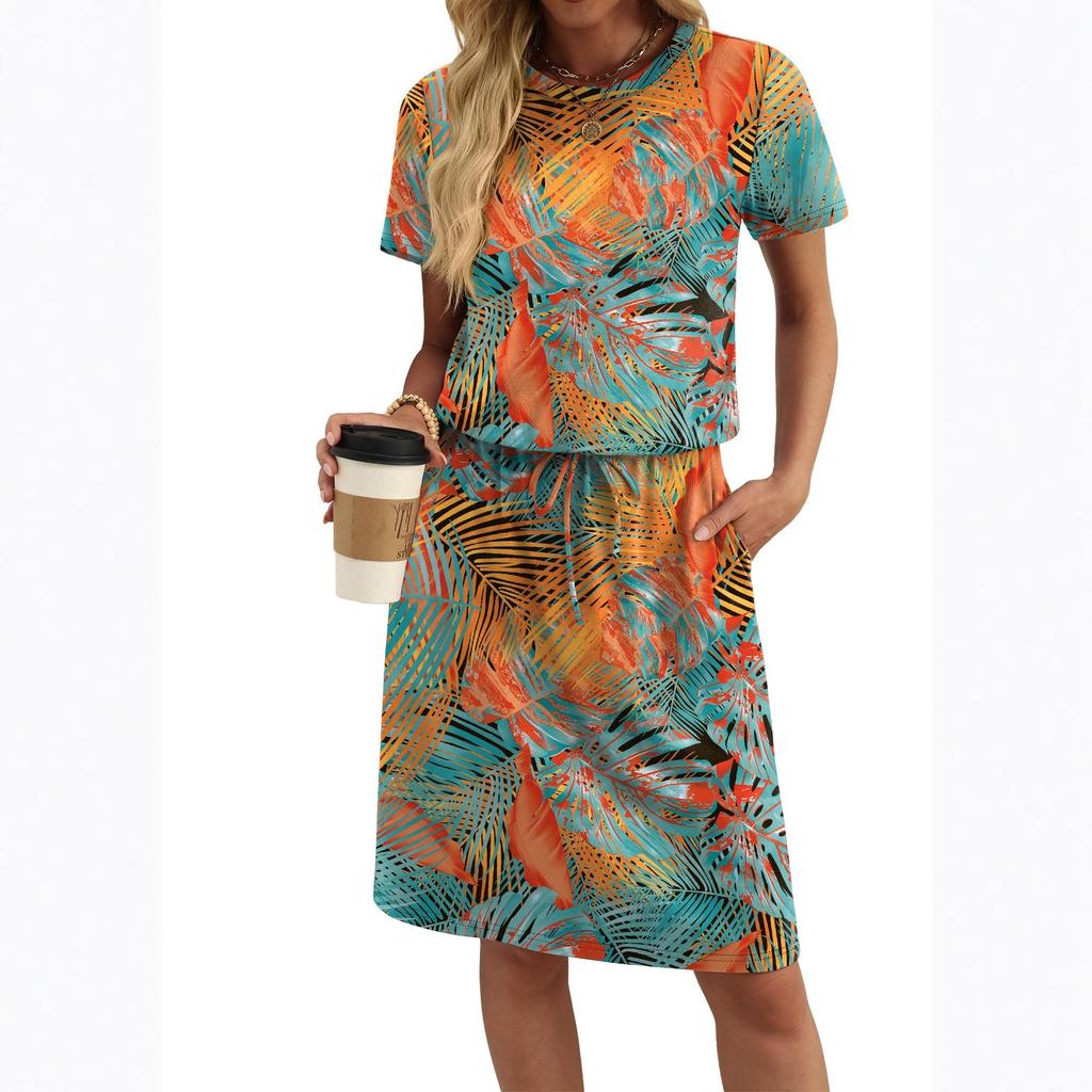 Letnie Sukienki Damskie Modne Krótki Rękaw Dekolt Okrągły T-shirt Sukienki Codzienne Wiązanie w Pasie Z Kieszeniami