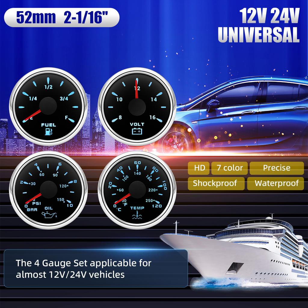12V24V Universal 52MM 4 Gauge Kit with 2 Sensor Water Temperature + Oil Pressure + Fuel Level + Voltmeter For All Vehicle Marine