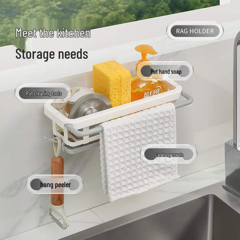 Wall-Mounted Retractable Kitchen Rack: No-Drill Dishcloth Holder, Spice Shelf, and Sink Drain Basket