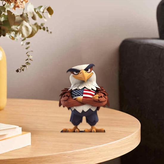Tabletop 2D Wooden Bald Eagle Figurine, 4th of July Patriotic Eagle Statue with Base for Independence Day Home Table Decor