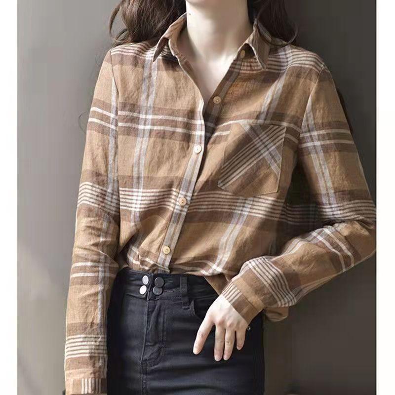 Export linen top plaid shirt women's long-sleeved spring and autumn retro 1116 new British style loose shirt
