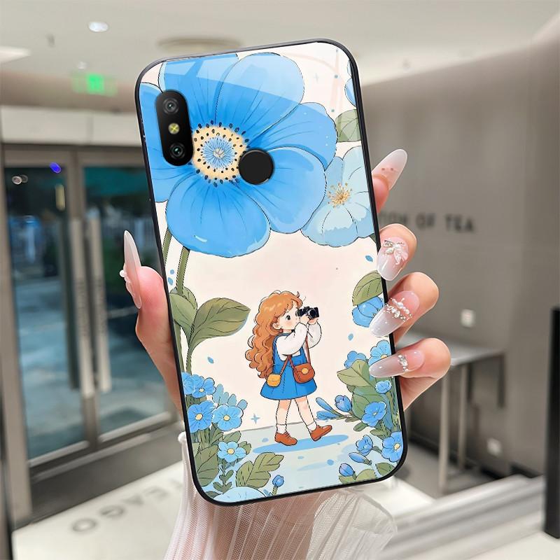 Beautiful Flower Cute Cartoon Cats Case For Xiaomi Mi A2 / Mi A2 Lite Tempered Glass Phone Case Protective Back Cover Hard Shell
