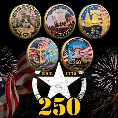 2PCS Moneda Conmemorativa del 250 Aniversario de los Estados Unidos Monedas Chapadas en Relieve a Doble Cara Regalo Ideal para Entusiastas Militares