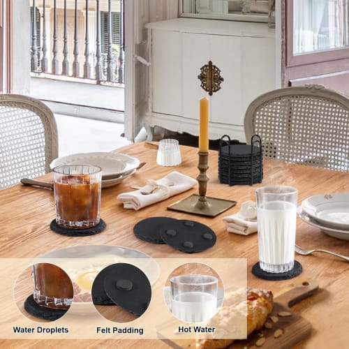 MAPRIAL Slate Coasters with Holders, Set of 12, Round Black Slate Stone DIY Coasters with Scratch-Resistant Backing, Halloween, Christmas, Bar, Kitche