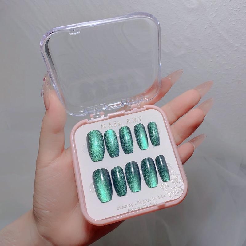 Green Cat Eye Fake Nails, Reflective Glitter Nail Design, Gloss Glue Nails, Fully Covered Short Square Fake Nails, Suitable for Women and Girls