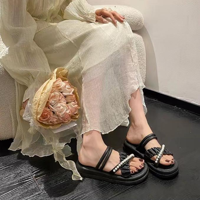 Summer Slippers for Women Fashionable Home Indoor Anti Slip Pearl Casual Beach Shoes